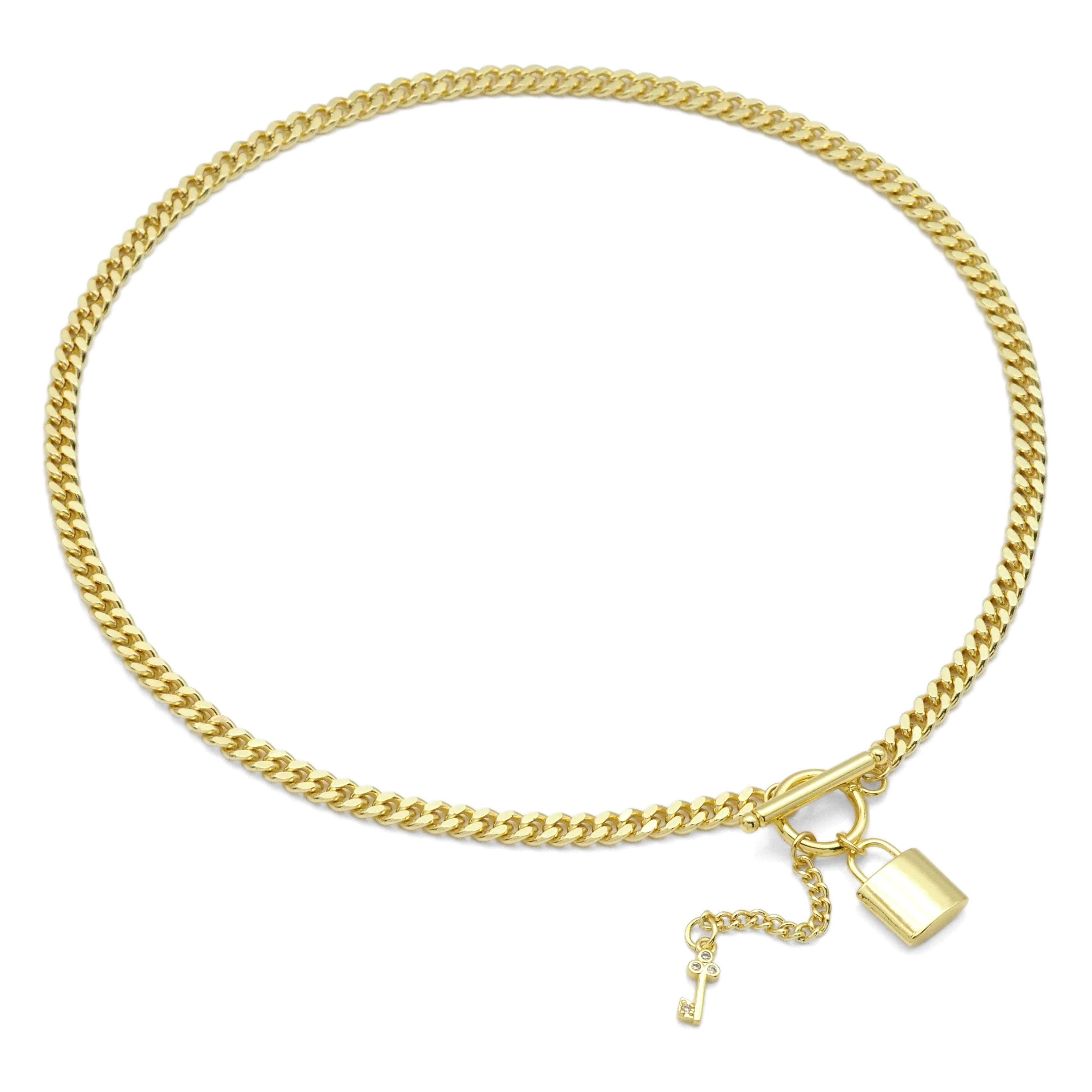 Gold Cuban Link Lock Key Charm Necklace, Sku#EF350