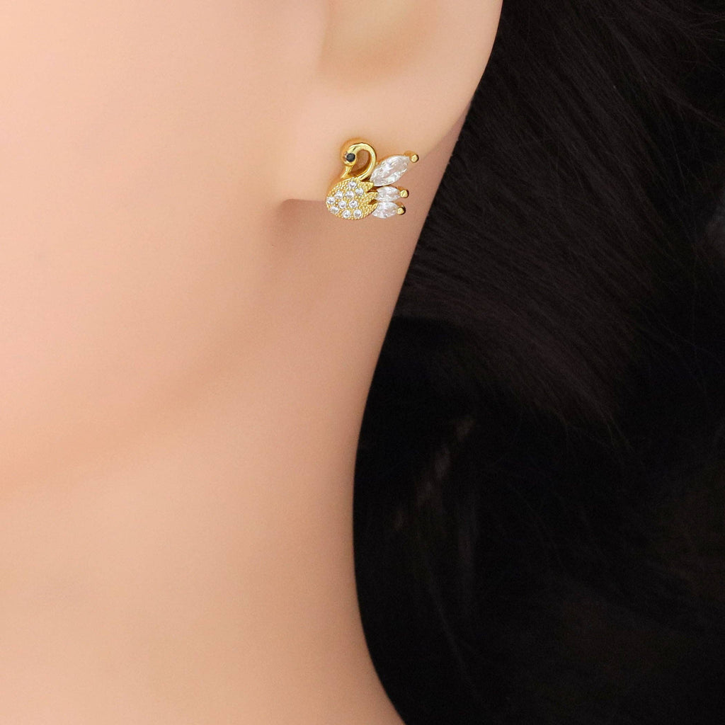 Clear CZ Swan Gold Stud Earrings, Sku#A175