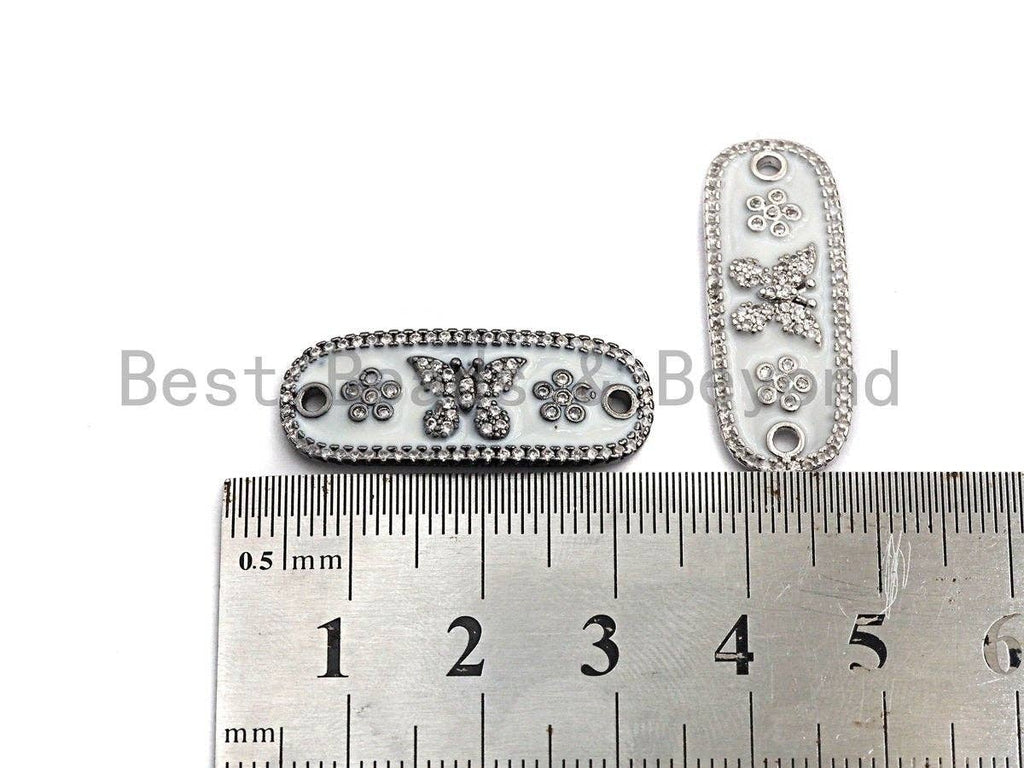 White Enamel Butterfly Flower Oval Bar Connector ,CZ Micro Pave Oil Drop Connector, Enamel Jewelry,11x29mm,sku#Z612