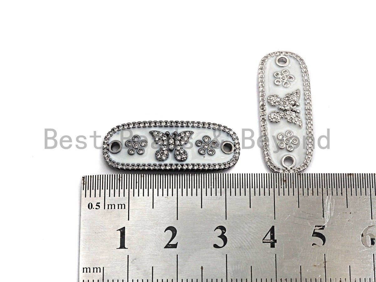 White Enamel Butterfly Flower Oval Bar Connector ,CZ Micro Pave Oil Drop Connector, Enamel Jewelry,11x29mm,sku#Z612