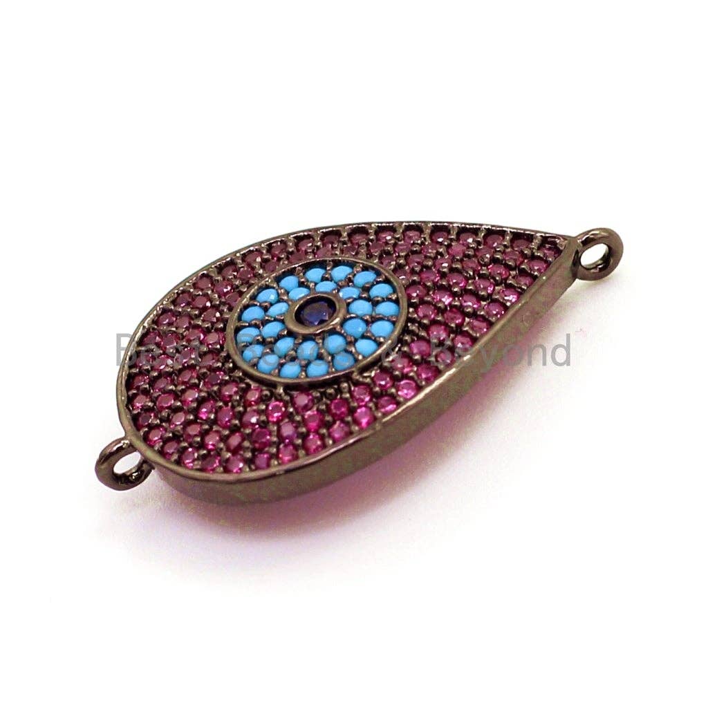 CZ Micro Pave Fuchsia Teardrop Connector with Turquoise Evil Eye for Bracelet/Necklace, Cubic Ziroconia Space Connector, 15x27mm,sku#E26C