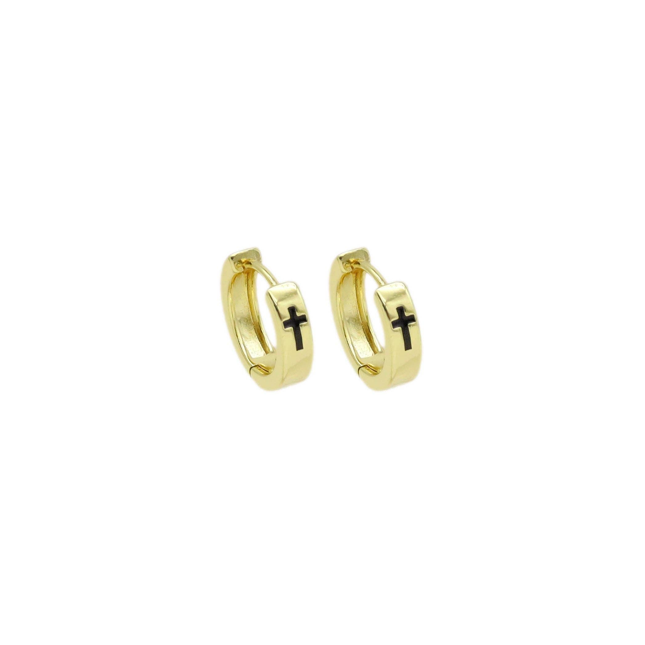 Gold Black Cross Hoop Earrings, Sku#ZX185