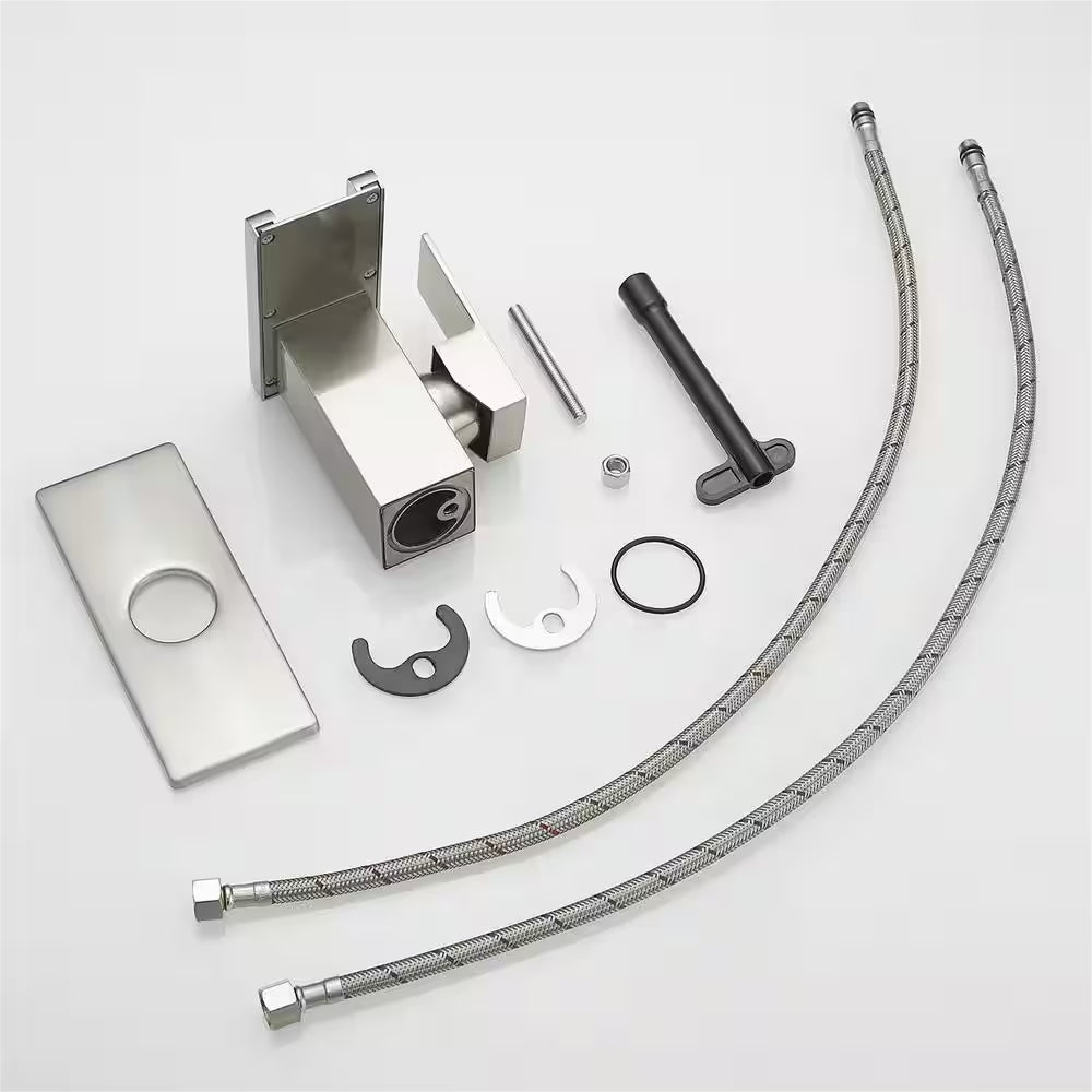 Single Handle Single Hole LED Bathroom Faucet with Deckplate Included Waterfall Bathroom Sink Faucets in Brushed Nickel