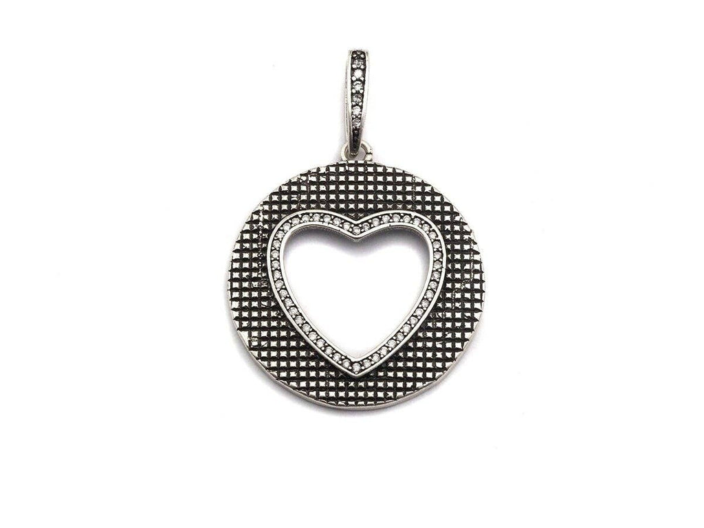 Antique Finish  CZ Micro Pave Hollow Out Heart Pendant, Silver Tone, 28x31mm,sku#F991C