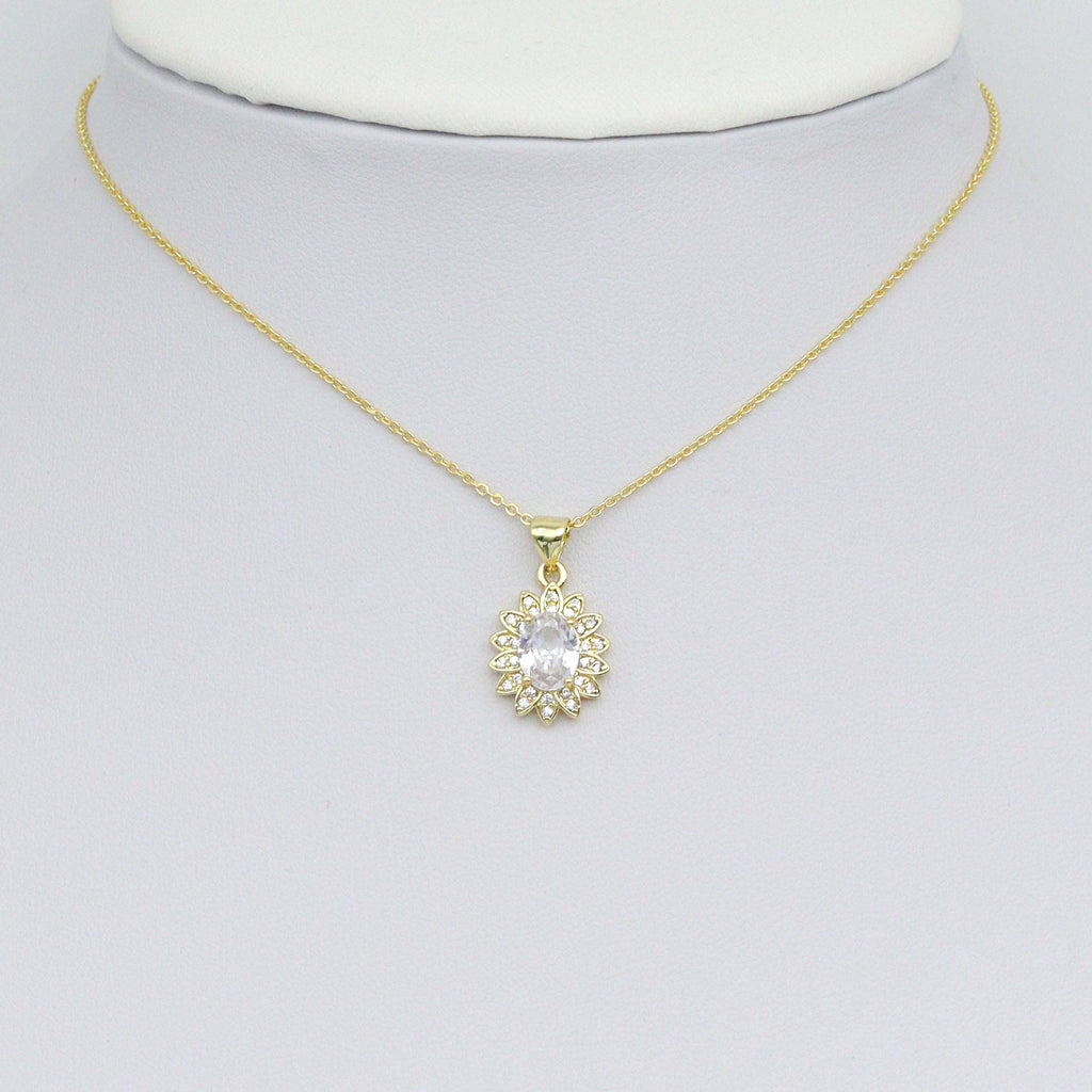 Clear Oval CZ Gold Flower Charm Pendant, Sku#LK1073