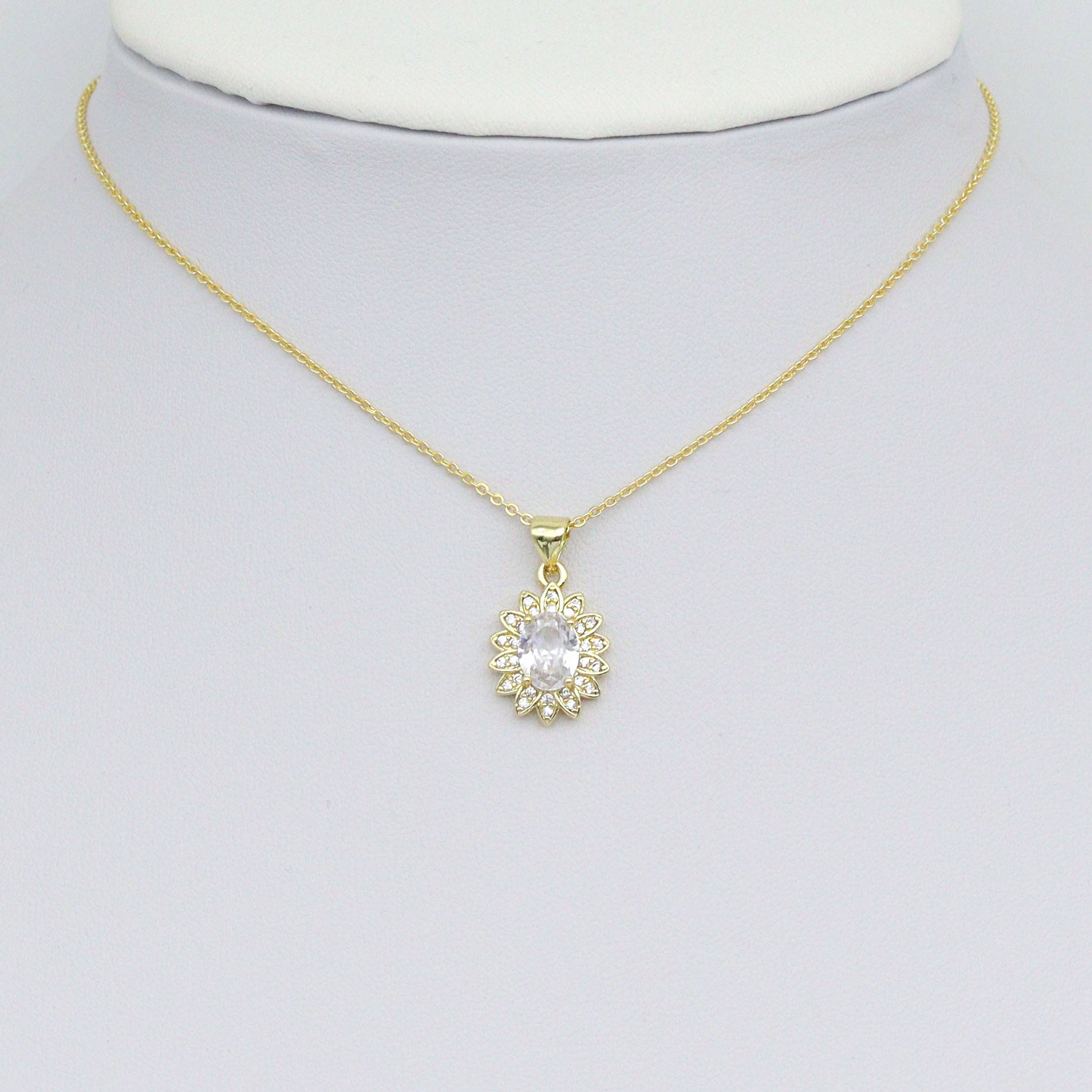 Clear Oval CZ Gold Flower Charm Pendant, Sku#LK1073