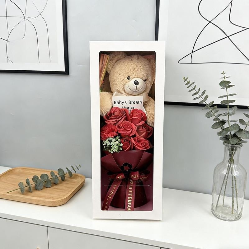 Preserved Rose Bouquet Flowers with Teddy Bear - Celebration, Anniversary, Birthday, Flower Arrangement, Flower Gift, Everlasting Rose, Flowers, for Women,Gift Mother'S Day, Gift Boxes