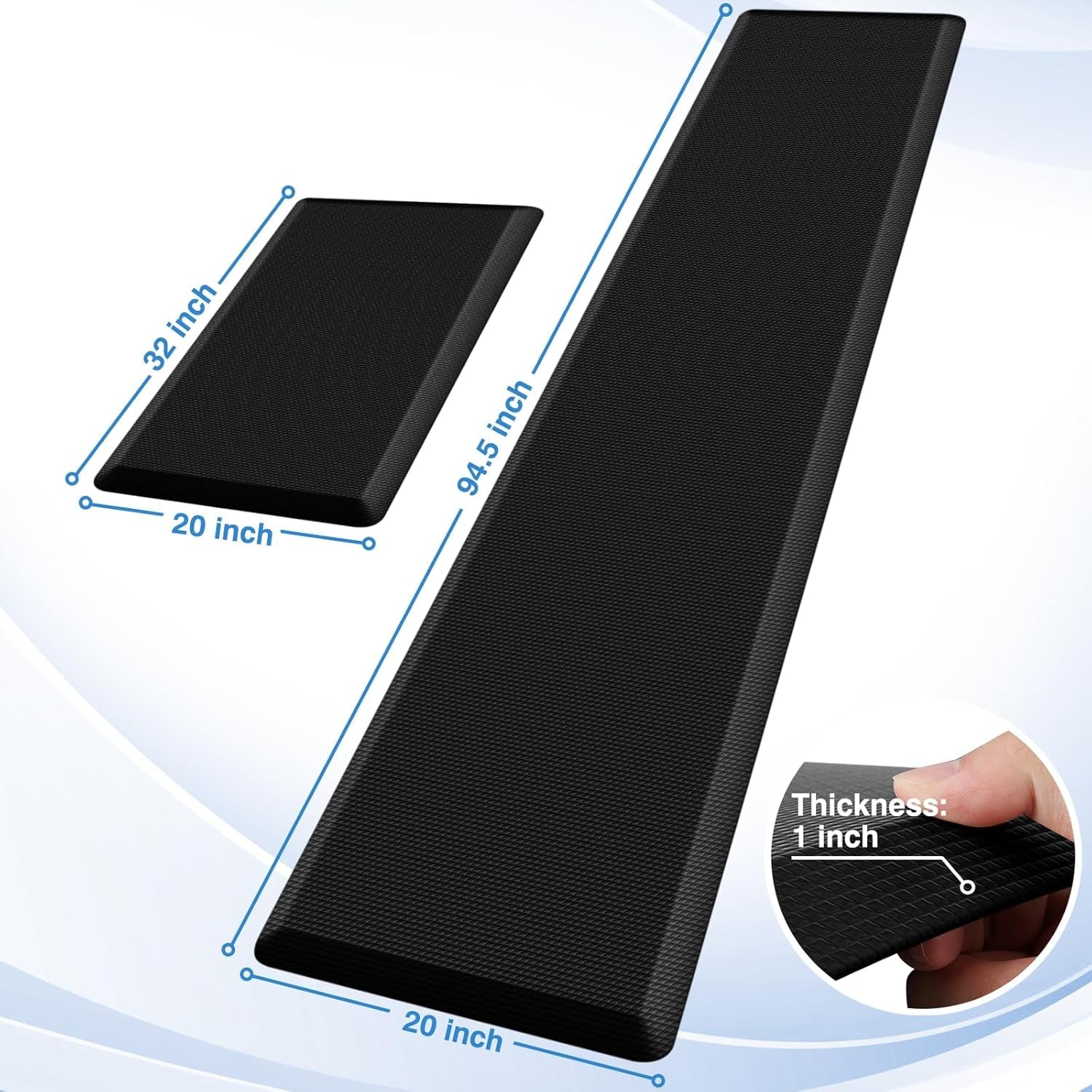 Kitchen Mats, 2PCS Kitchen Rugs, Cushioned anti Fatigue Kitchen Mats for Floor, Non-Slip Standing Desk Mat, Waterproof Kitchen Rug Set for Kitchen,20" X 32"+20" X 94.5"-Full 1Inch Thick,Black