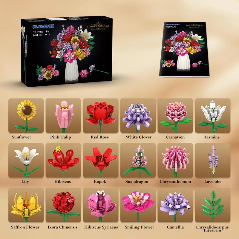 PLAXSOON 1461PCS Flower Bouquet Building Blocks, 18 Flowers & Fruit Ornaments, Everlasting Home Decor, Valentine Birthday Gift for Adults Women Kids 8+