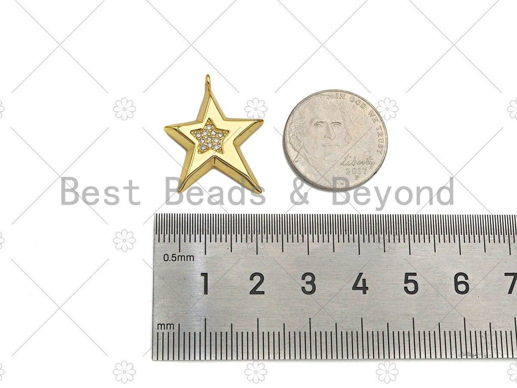 CZ Micro Pave Five Point Star on Fiver Point Star Shape Pendant,Cubic Zirconia Gold Charm, Necklace Bracelet Pendant, 22x27mm, Sku#Y418