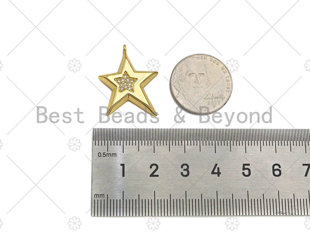 CZ Micro Pave Five Point Star on Fiver Point Star Shape Pendant,Cubic Zirconia Gold Charm, Necklace Bracelet Pendant, 22x27mm, Sku#Y418