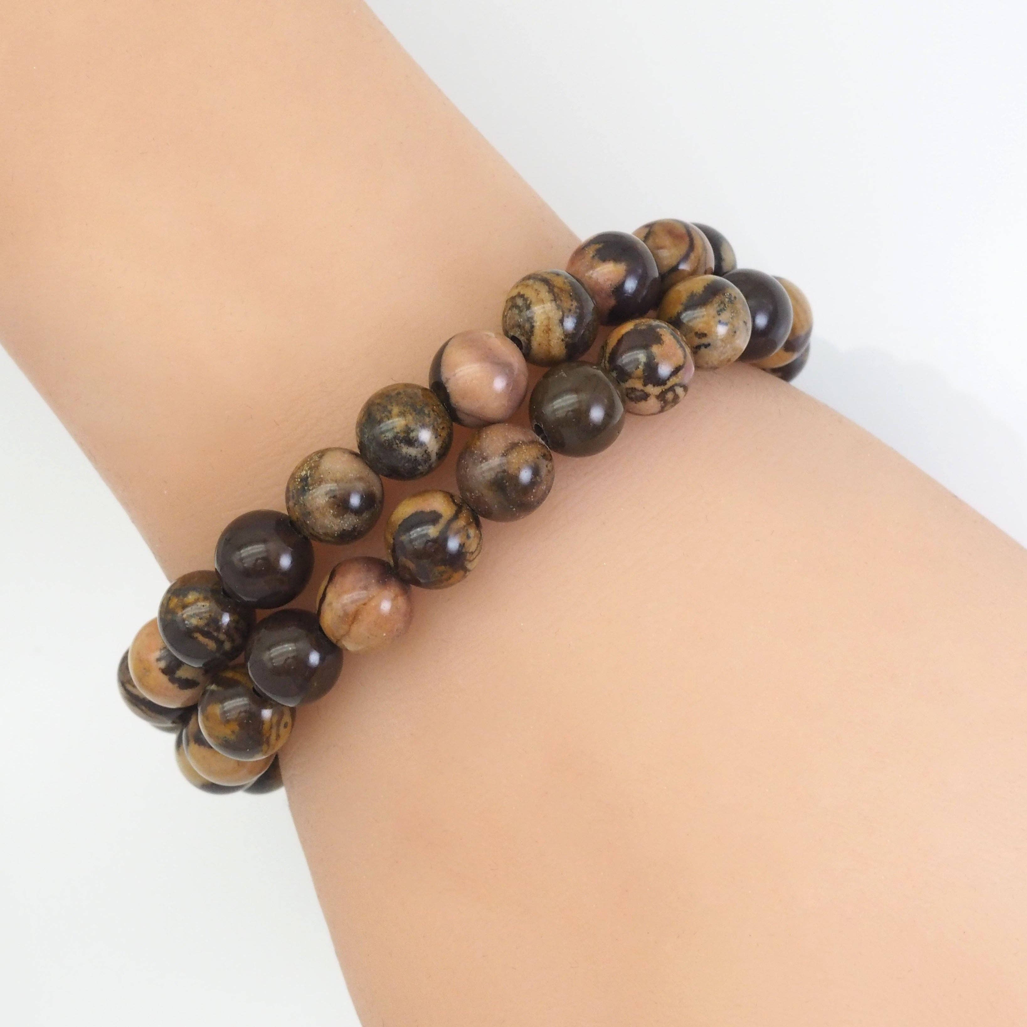 Brown Picture Jasper Round Stretchy Bracelet, Sku#EF447