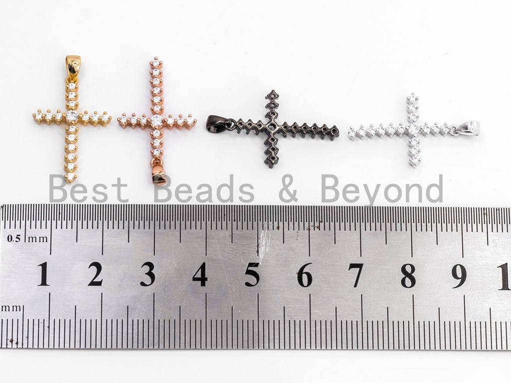 CZ Micro Pave Cross Pendant/Charm, Clear Cubic Zirconia Pave Charm, Silver/Gold/Rose Gold/Black Plated, 15x21mm, sku#Y27