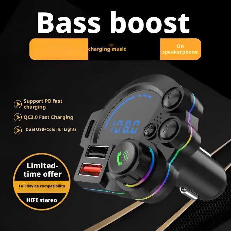New In-Car Bluetooth Car Charger MP3 Player with Dual USB Plugs Hands-Free Calling & Colorful LED Lights Super Fast Charging