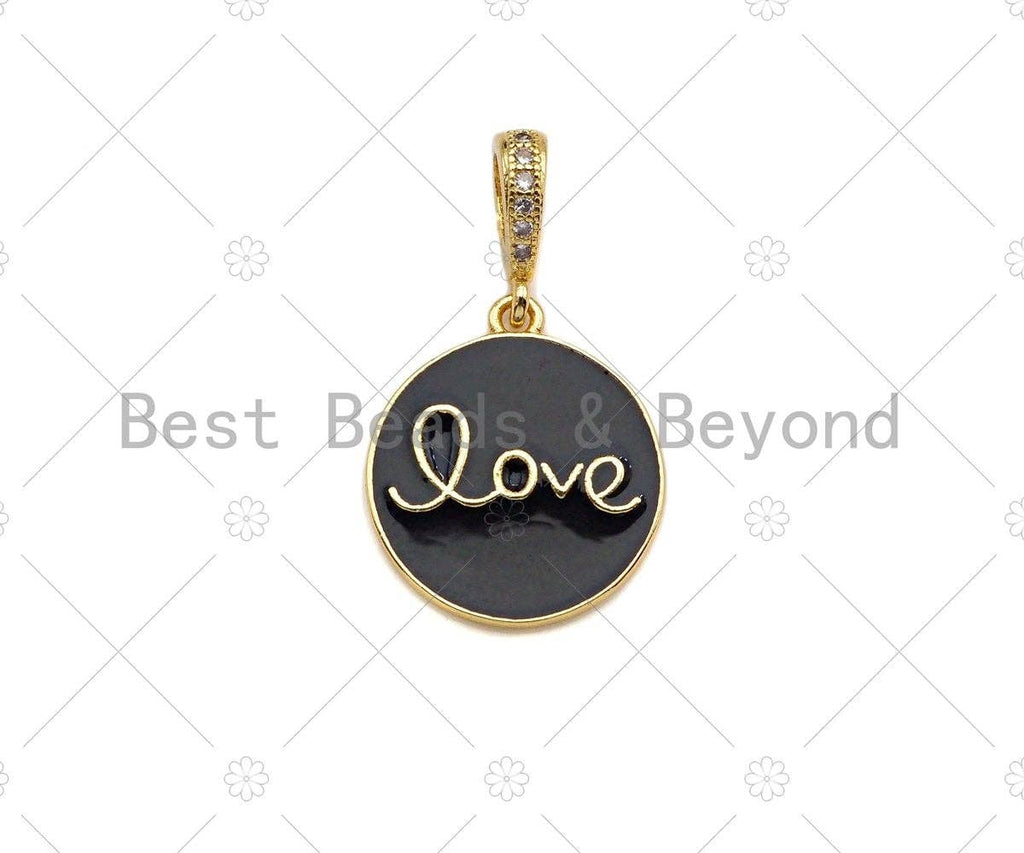 CZ Pave Clorful Enamel Love Coin Pendant, Pink Turquoise Yellow White Black Love Enamel pendant, Enamel Jewelry, 15mm,sku#ML28C