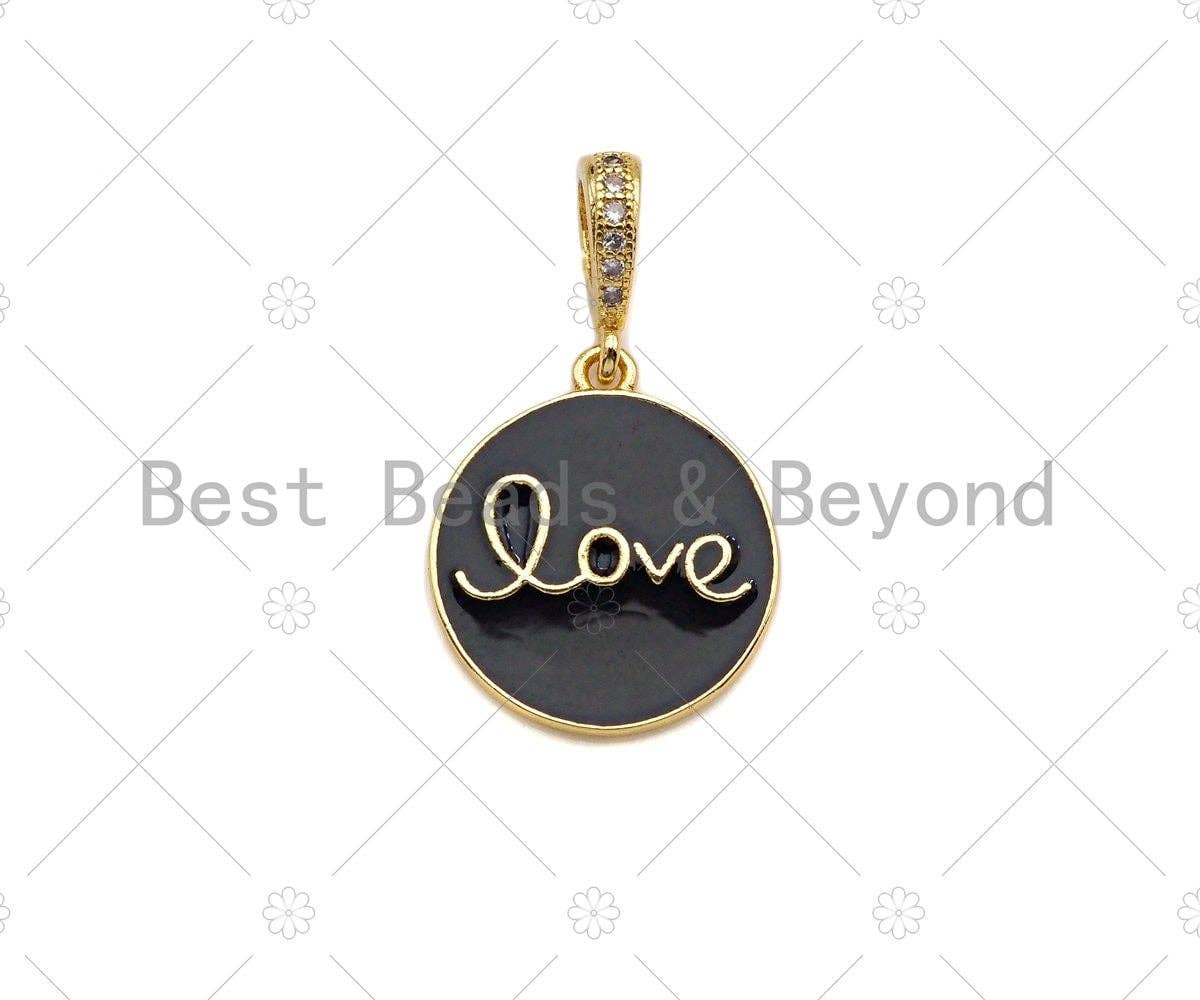 CZ Pave Clorful Enamel Love Coin Pendant, Pink Turquoise Yellow White Black Love Enamel pendant, Enamel Jewelry, 15mm,sku#ML28C