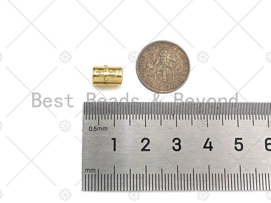 18K Gold High Polished Cross On Tube Space Bead, Large Hole Tube Spacer Beads, Men's Jewelry Findings, Bracelet Beads, 7x9mm, Sku#Y388