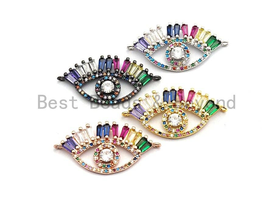 CZ Micro Pave Evil Eye With Rainbow Long Eyelashes Connector for Bracelet/Necklace, Cz Space Connector,16x33mm,sku#E480C