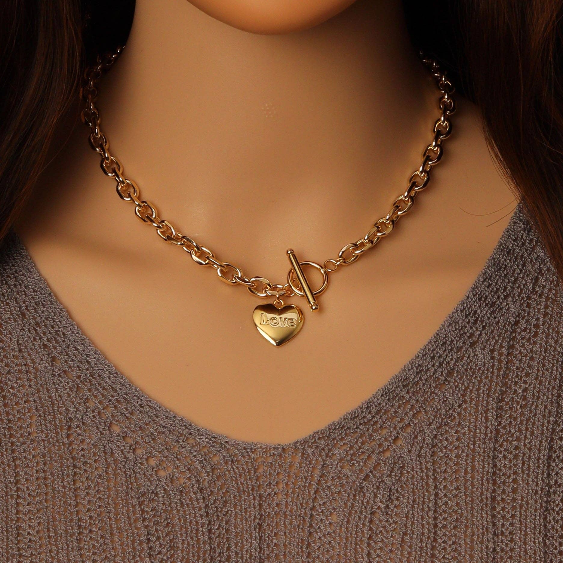 Collier à pendentif cœur et chaîne à maillons carrés épais, SKU#EF489