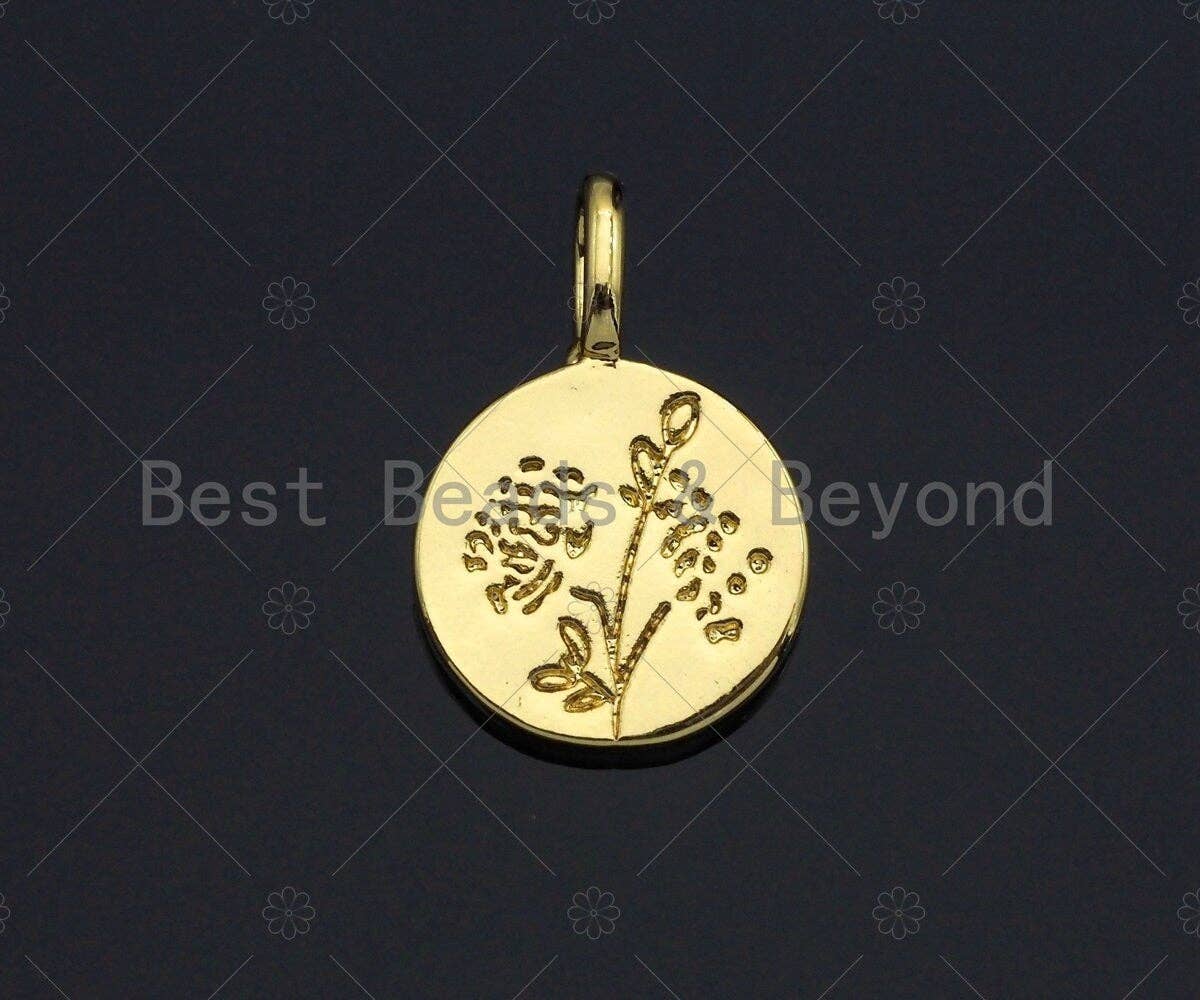 18k Shiny Gold Flower On Round Coin Charms, Dainty Charms, Flower Pendant, Gold Pendant, Round Necklace Charms, 12x18mm, Sku#Z1174