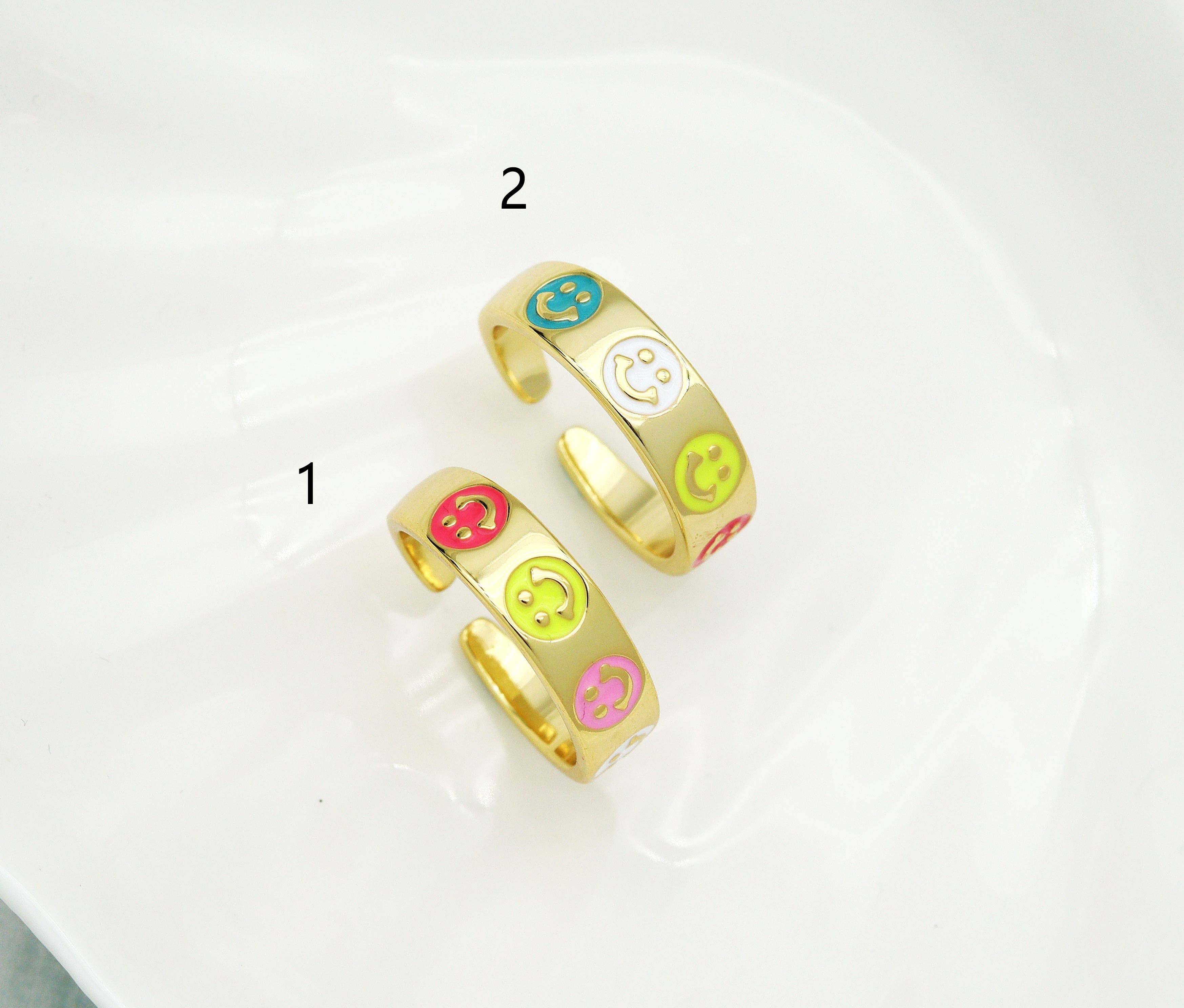 Colorful Enamel Smiley Face Adjustable Ring, 18K Gold Filled Open Ring, Enamel Open Ring, Statement Ring, 20x7mm,Sku#LD152