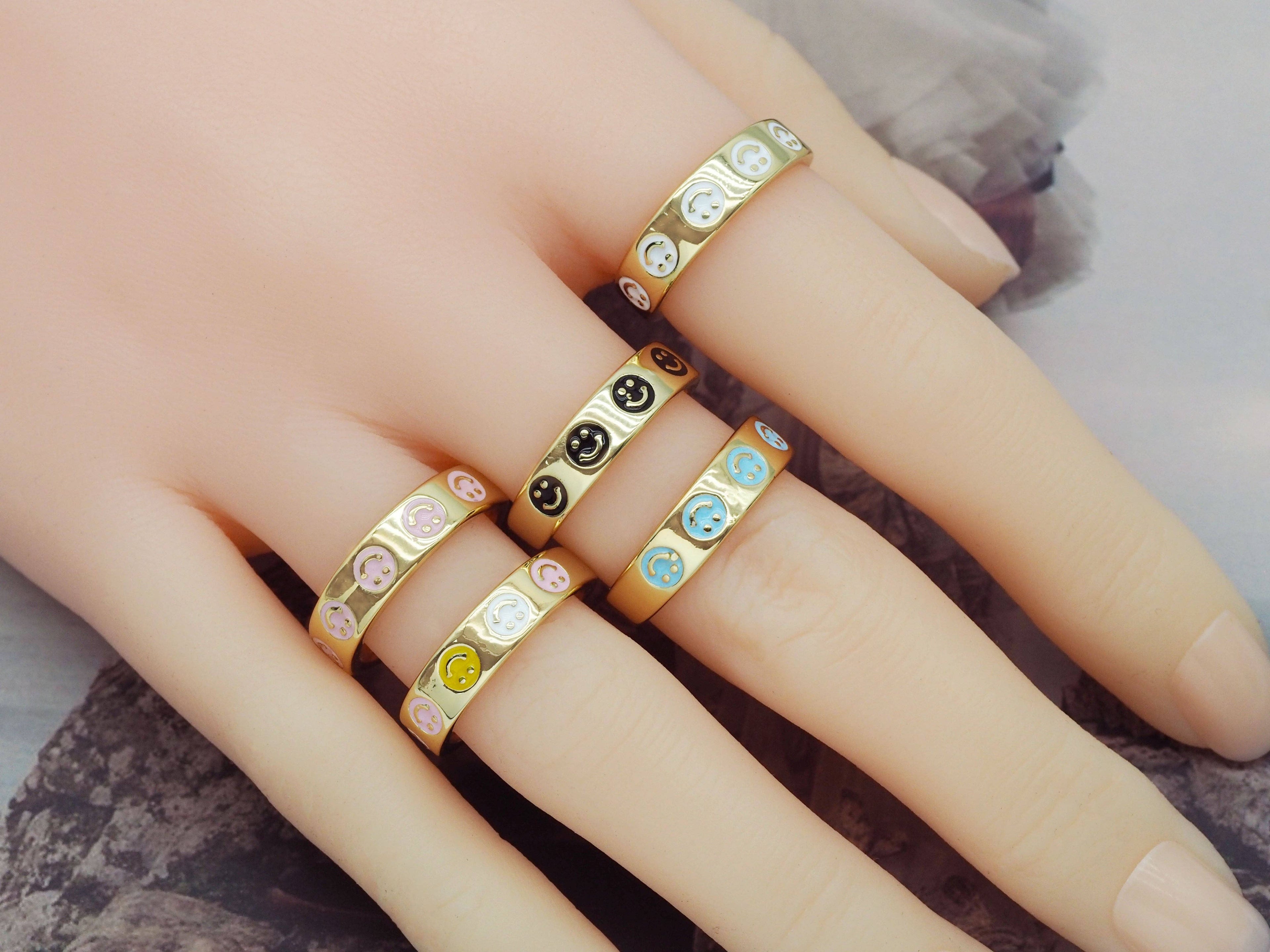 Enamel Smiley Face Adjustable Ring, Sku#B229