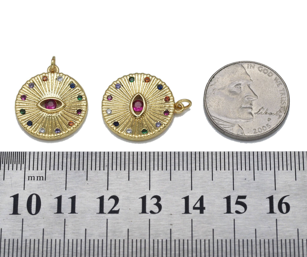 Gold Colorful CZ Evil Eye Coin Charm, Sku#LX97