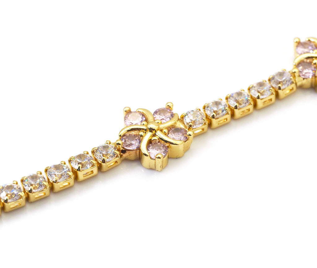 Pink Flower Gold Tennis Necklace Bracelet,sku#JL165