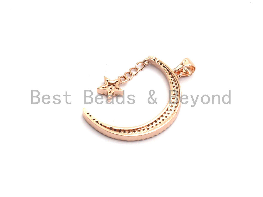 CZ Micro Pave Crescent Moon and Star Pendant ,Gold/Silver/Black/Rose Gold ,Cubic Zirconia Jewelry Findings,19x29mm,sku#F645
