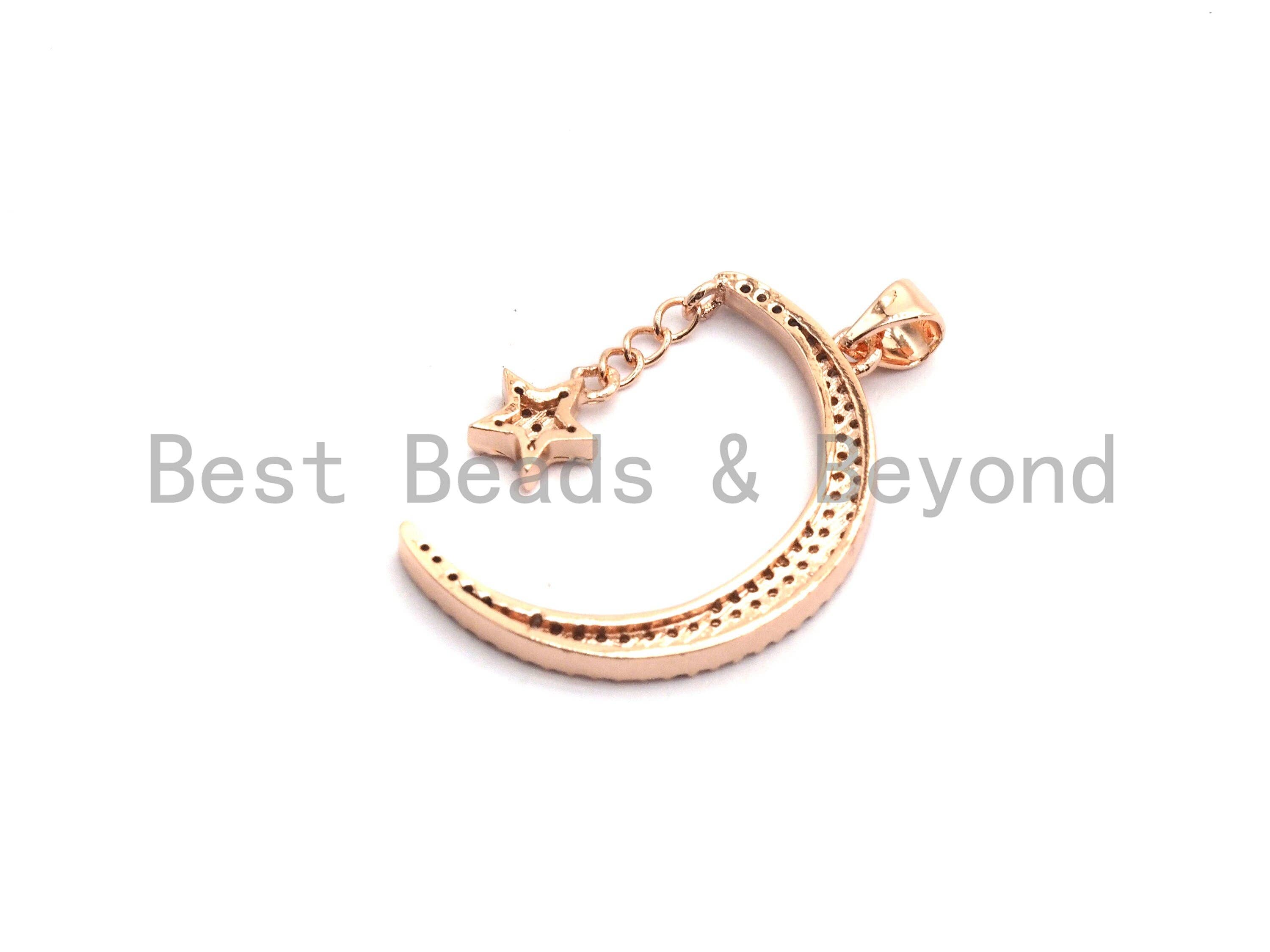 CZ Micro Pave Crescent Moon and Star Pendant ,Gold/Silver/Black/Rose Gold ,Cubic Zirconia Jewelry Findings,19x29mm,sku#F645