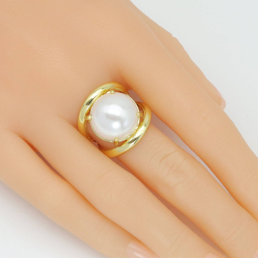 Gold Silver Large White Pearl Statement Adjustable Ring, Sku#LX768