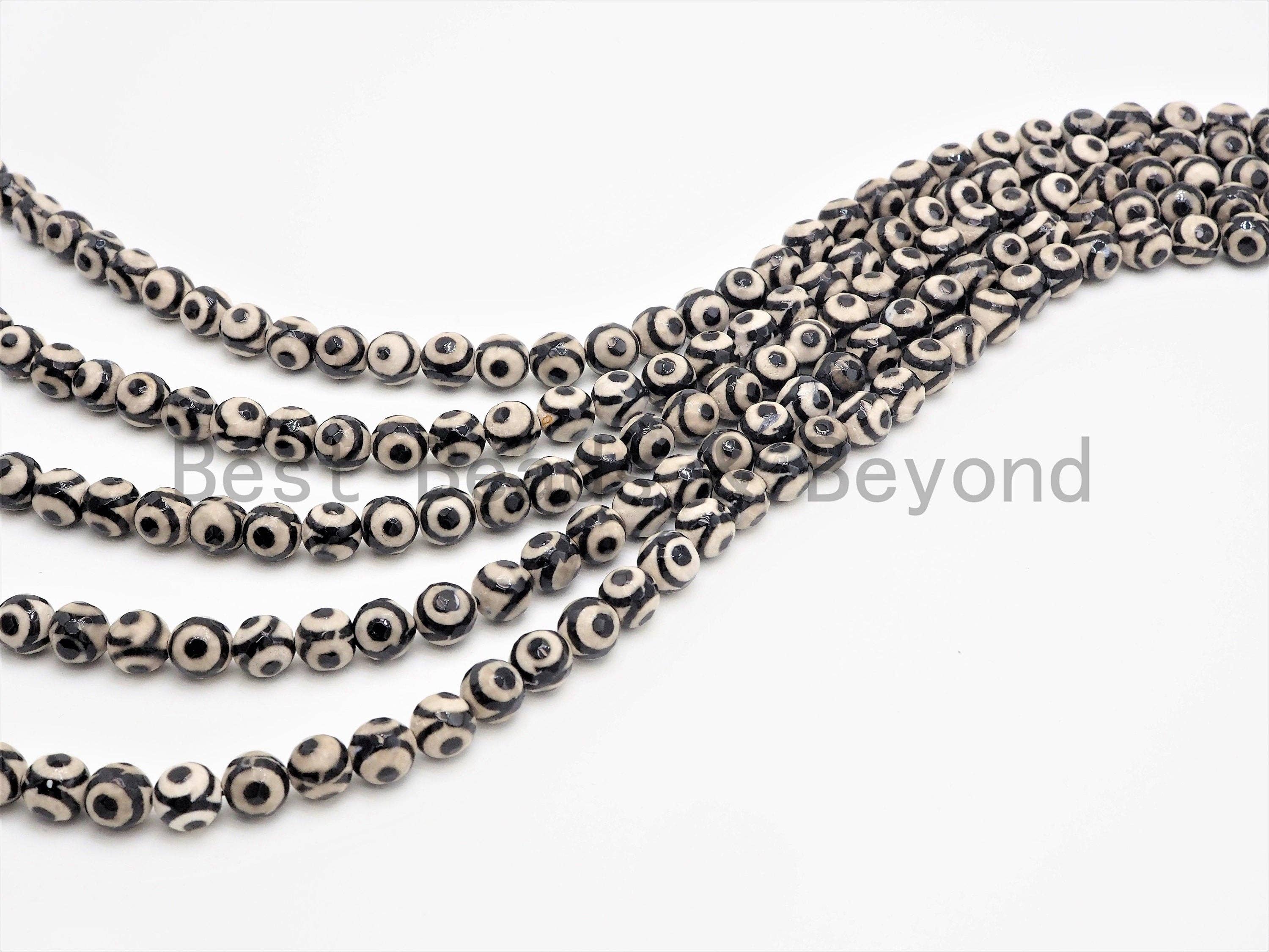 Quality Dzi Black Aage Eye Beads,  Round Faceted Evil Eye Tibetan Agate, 6mm/8mm/10mm/12mm beads, 15.5inch strand, SKU#U409
