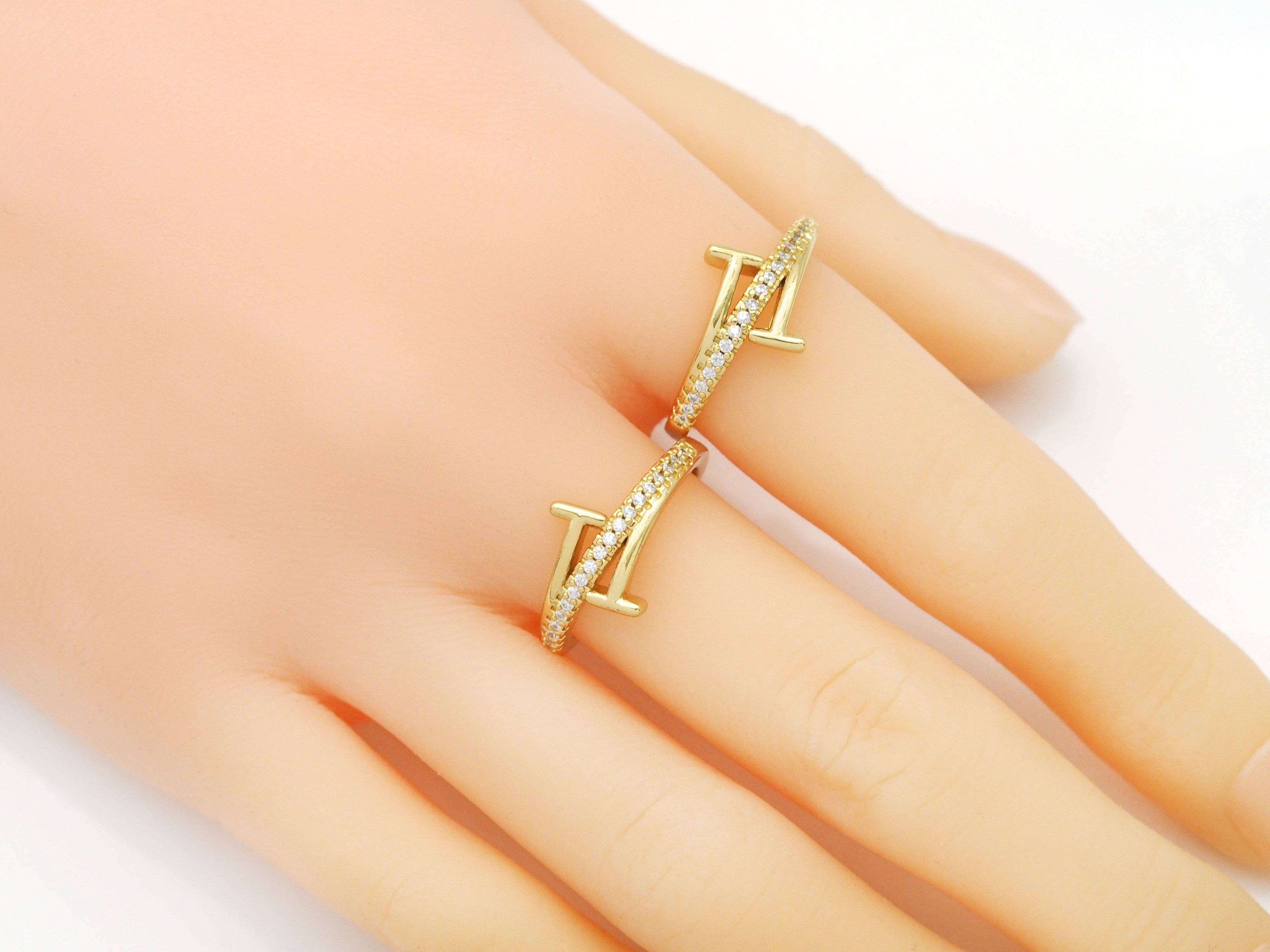 Clear CZ Gold T Wrap Adjustable Ring, Sku#X354