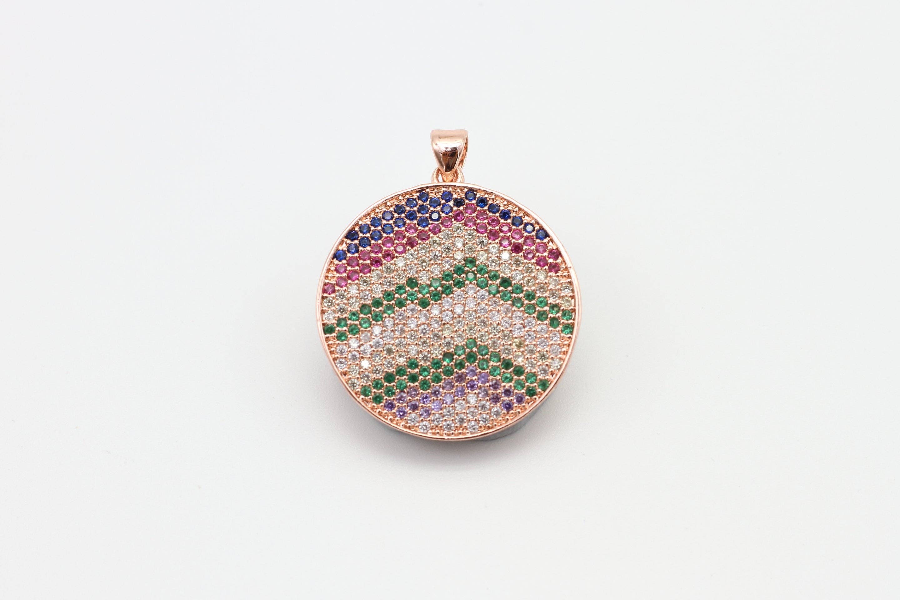 CZ Micro Pave Mixed Color Zigzag Round Disc Pendant, Cubic Zirconia Necklace Pendant, 25x31mm, sku#F3