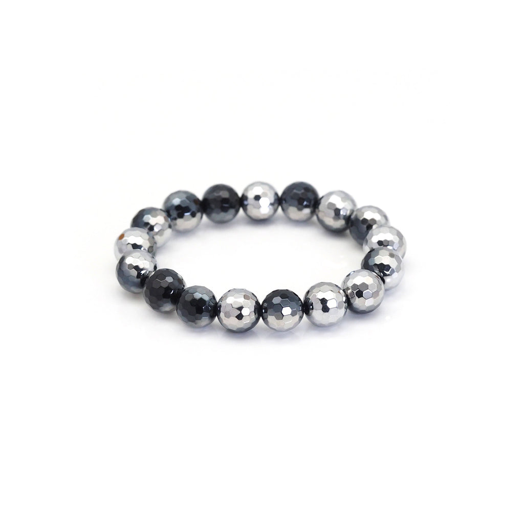 Half Silver Plated Black Onyx Stretchy Bracelet, Sku#EF384