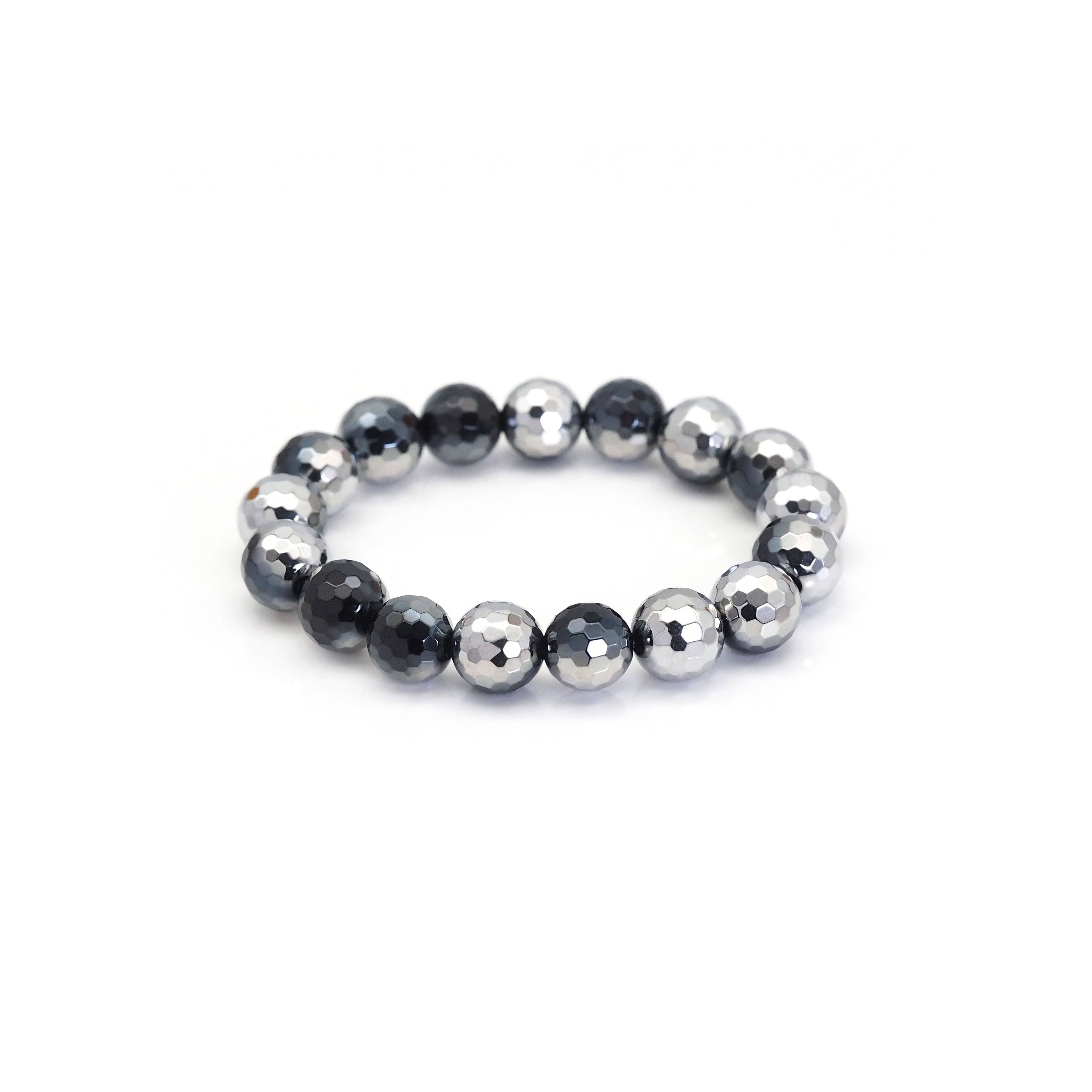 Half Silver Plated Black Onyx Stretchy Bracelet, Sku#EF384