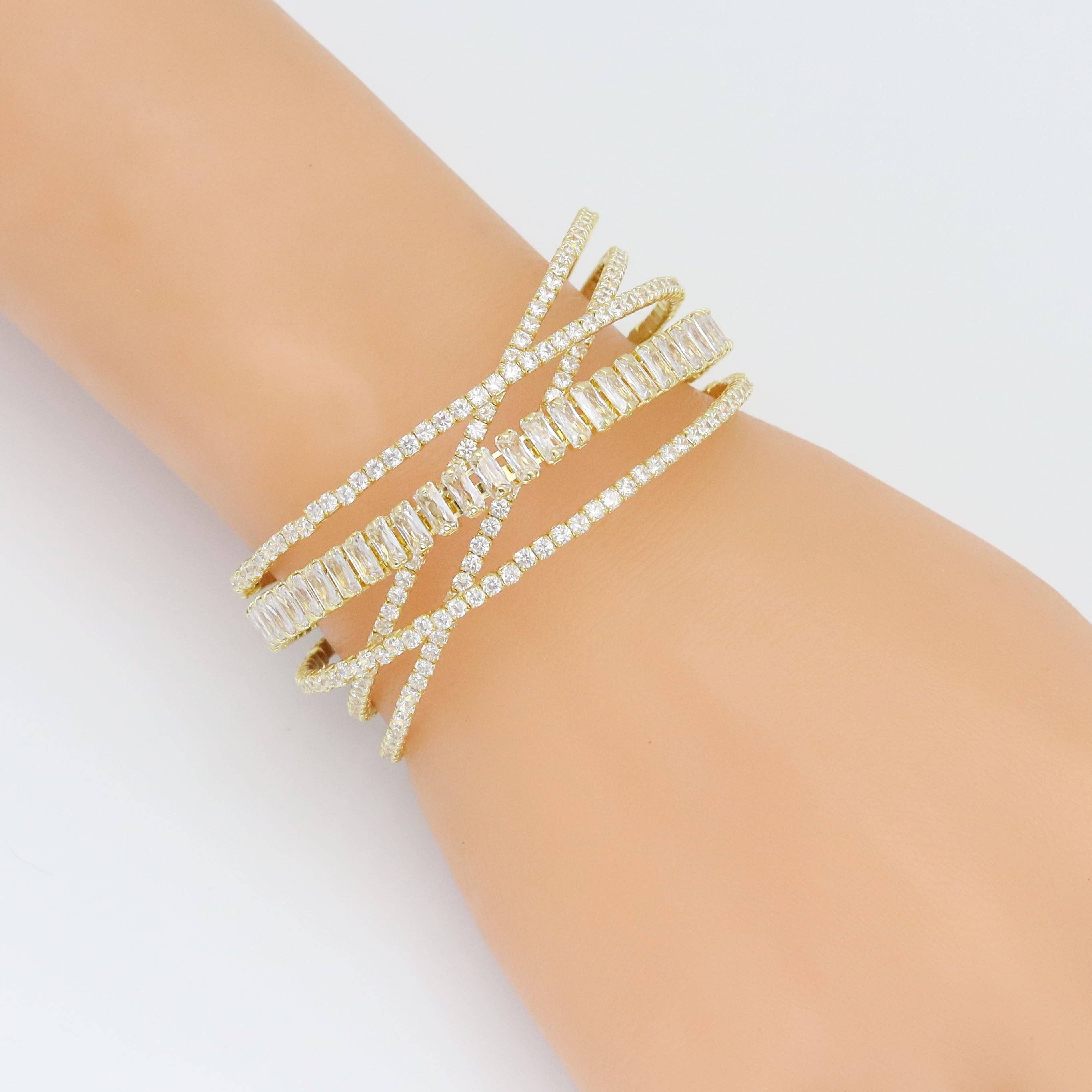 Clear CZ Crossover Baguette CZ Adjustable Bracelet, Sku#A271