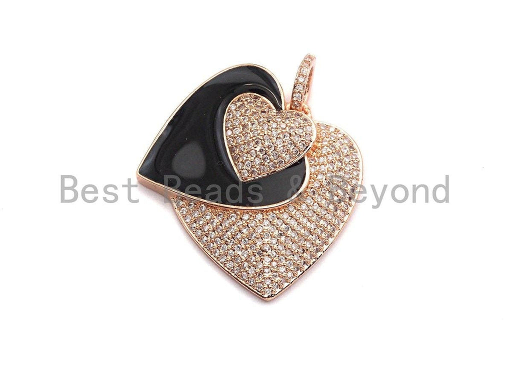 Micro Pave CZ Enamel Three Heart Pendant,Black Enamel Pendant,Enamel Heart Pendant, Oil Drop jewelry Findings,27x29mm,sku#F931
