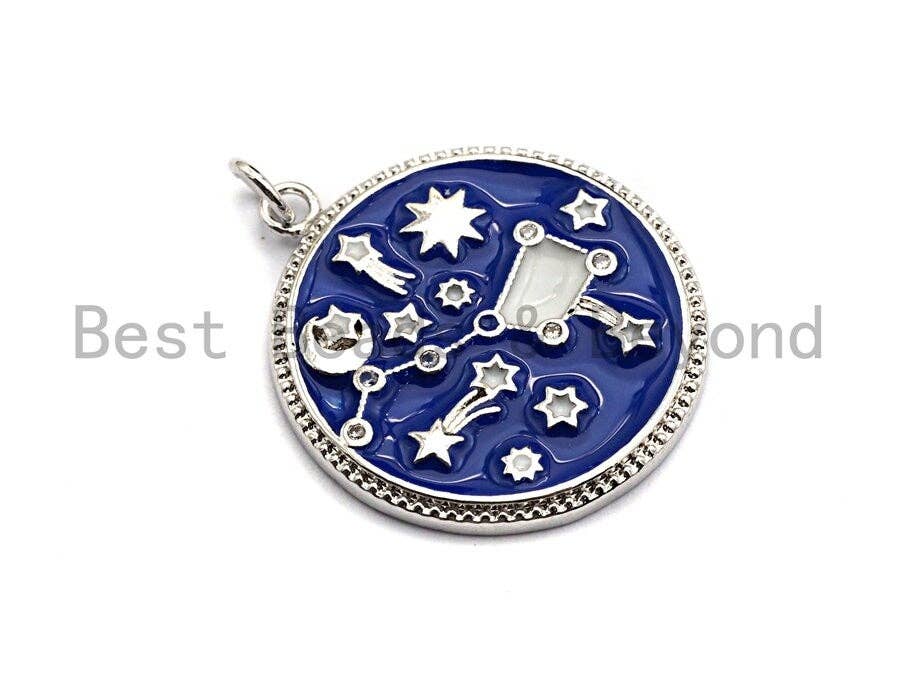 Royal Blue White Enamel Moon Star Plough Pendant, Enamel Pendant,Enamel Round Pendant, Oil Drop Jewelry Findings, 24x28mm,sku#Z365