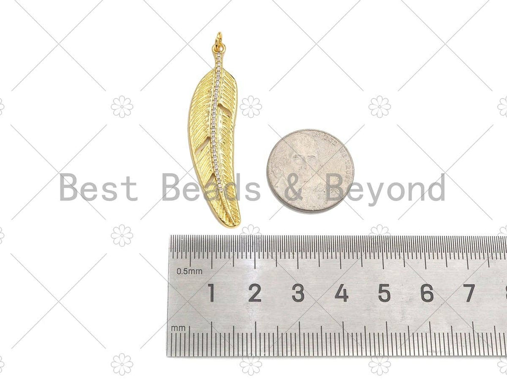 18K Gold Filled Feather Shape Pendant,CZ Micro Pave Gold Filled Charm, Necklace Bracelet Charm Pendant,12x48mm,Sku#Z1342
