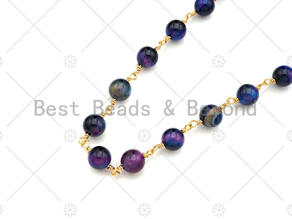 Purple/Galaxy/Fuchsia/Multicolor High Quality Tiger Eye Rosary Chain, 6mm Beaded Chain, Wire Wrapped Gold Chain, Sku#V77