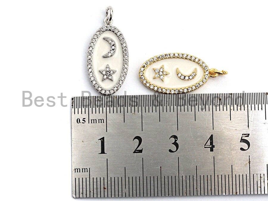 CZ Pave Enamel Oval With Star And Moon Pendant, Gold/Silver, CZ Micro Pave Oil Drop Oval pendant,Enamel Jewelry,12x23mm,sku#Z401