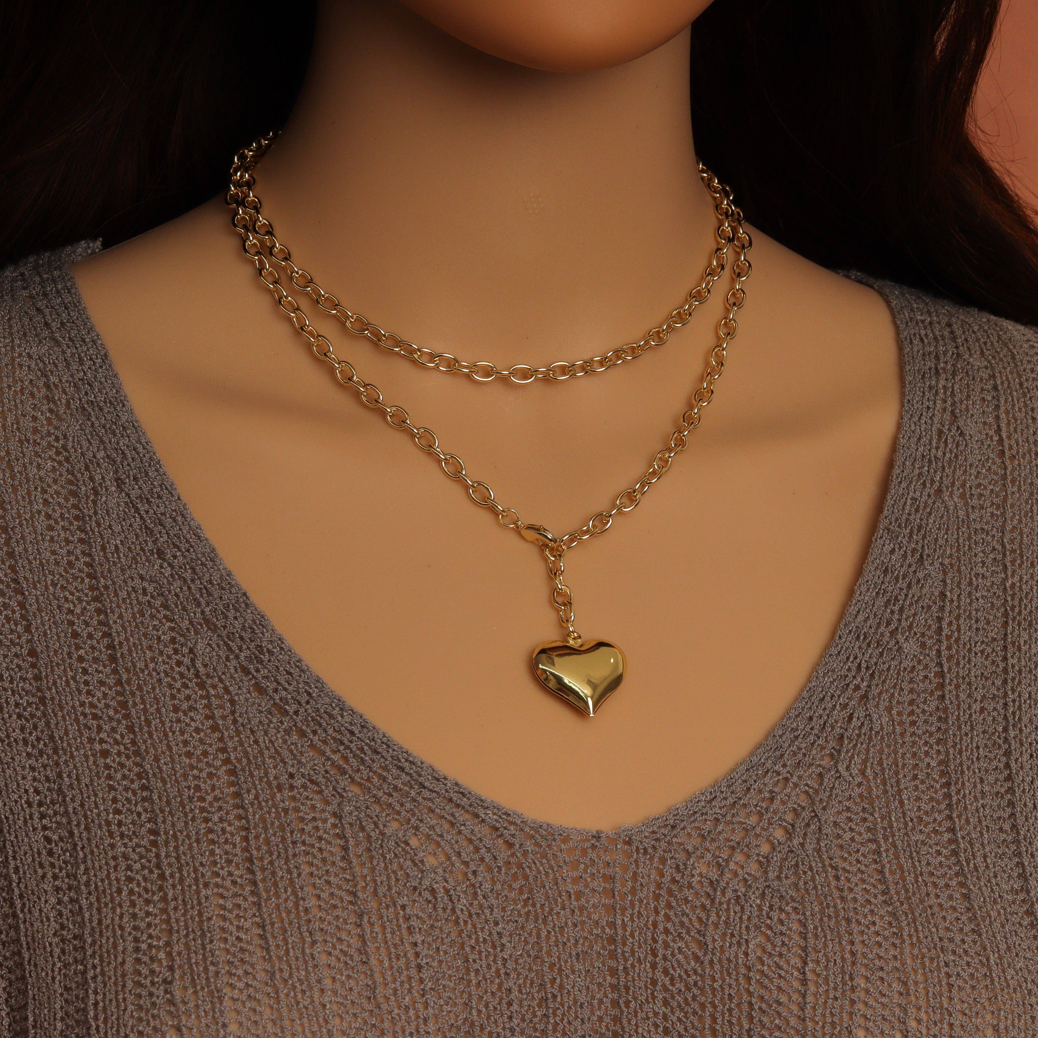 32inch Gold Link Chain Puffy Heart Pendant Necklace, sku#EF760