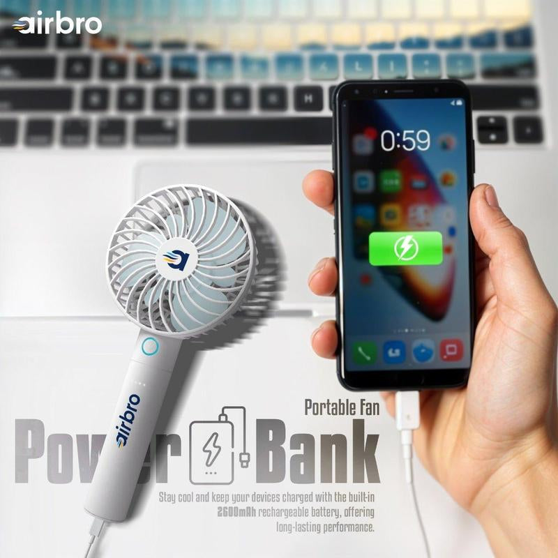 Airbro FHA-30 Handheld Portable Fan with 2600Mah Power Bank, 6-Blade Design, 3 Adjustable Speeds, and Charging Dock - Frosted White