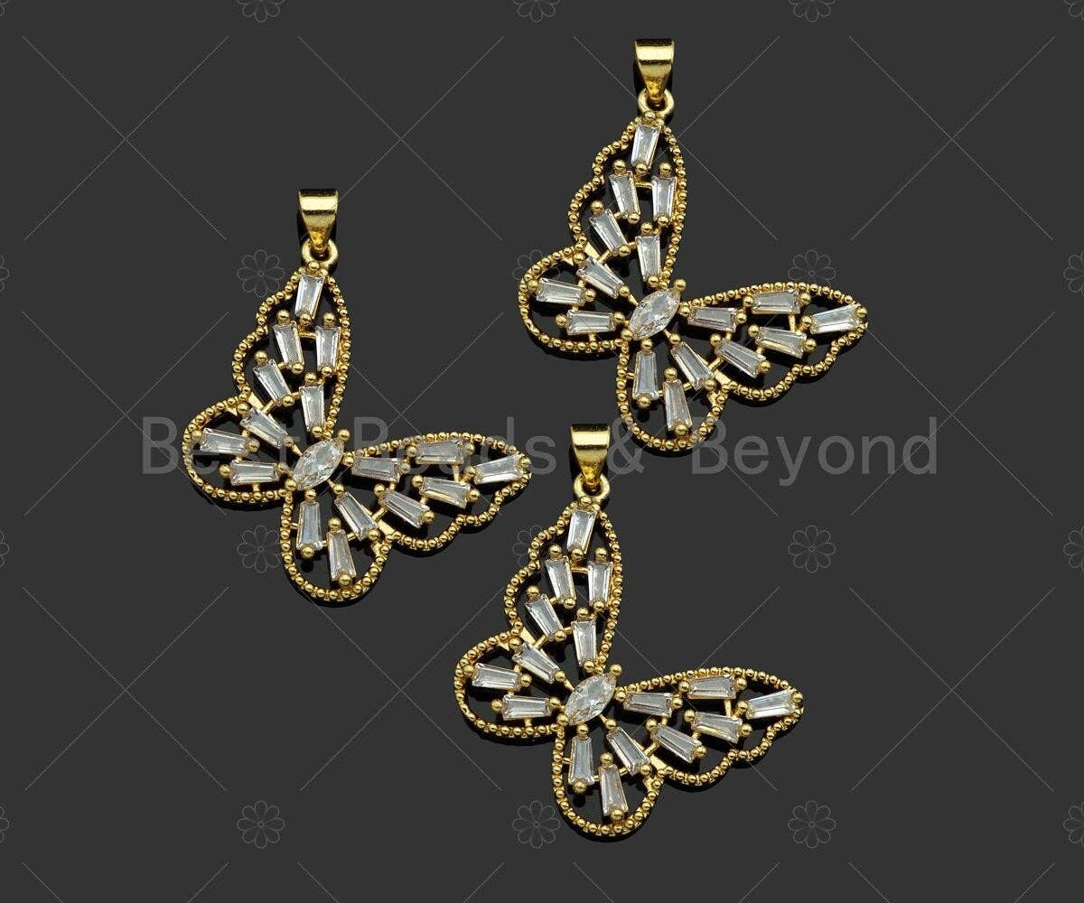 Gold Filled Baguette CZ Micro Pave Butterfly Shape Pendant, 18K Gold Filled Butterfly Charm, Necklace Bracelet Pendant,29x25mm,Sku#LD96C