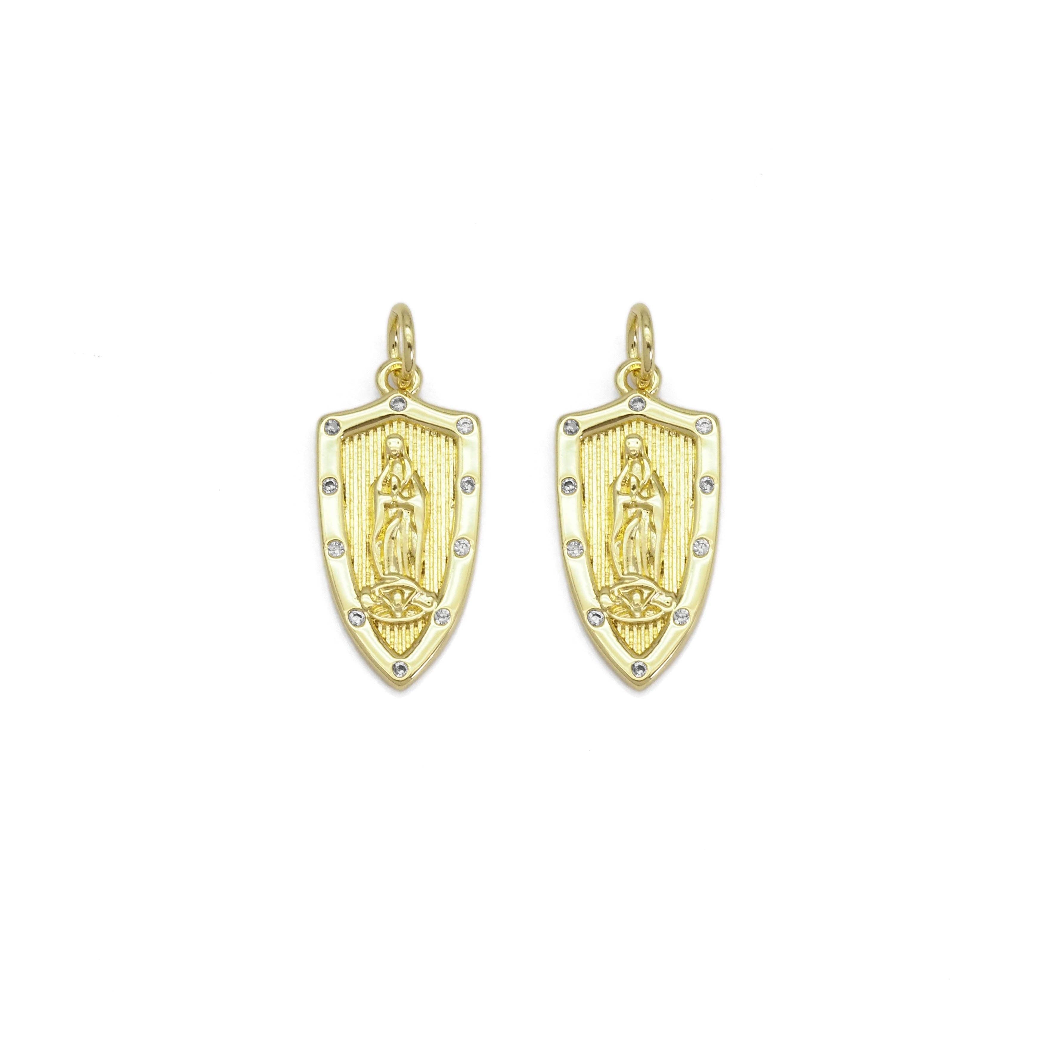 Clear CZ Gold Virgin Mary On Shield Charm, Sku#LX367