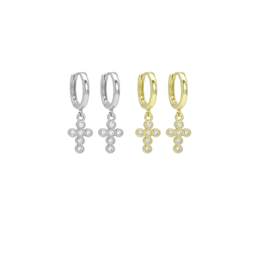 Gold Silver CZ Cross Pendant Hoop Earrings, Sku#LX739