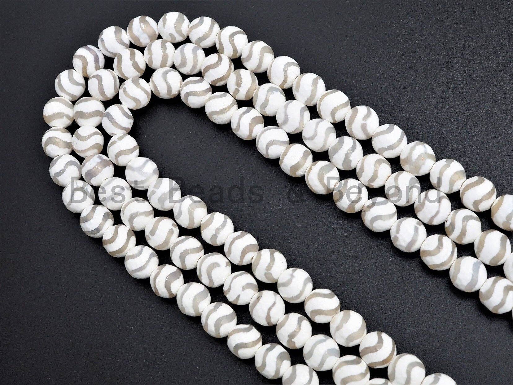 Quality Dzi White Agate beads, Round Faceted Wavy Lines, 6mm/8mm/10mm/12mm, Tibetan beads, White Lace Agate Beads, 15.5inch strand, SKU#U402