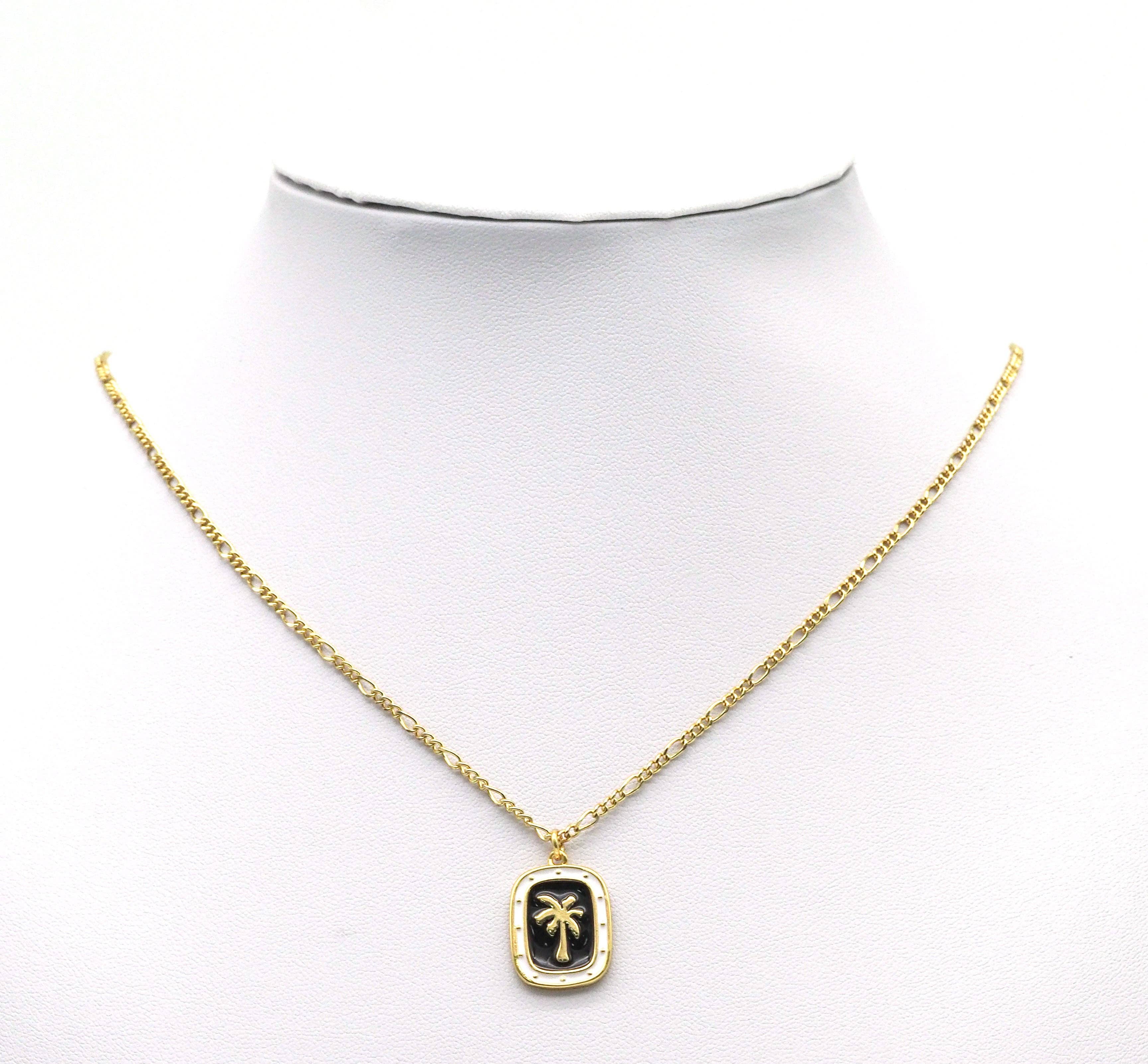 Gold Enamel Coconut Tree On Rectangle Charm, Sku#Z1455