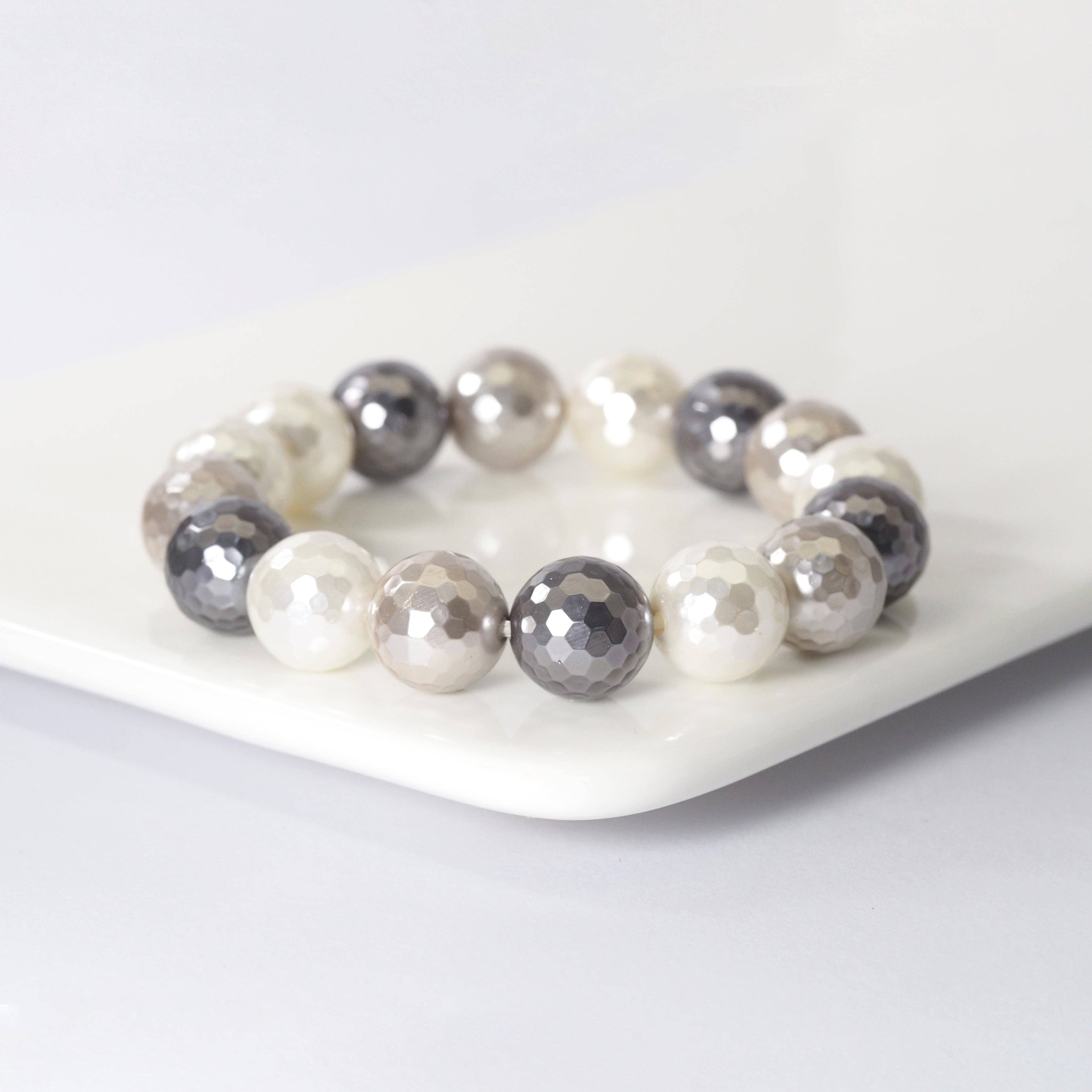 Natural Faceted White Gray MOP Stretchy Bracelet, 8mm/10mm/12mm, Sku#EF276